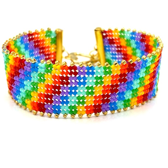Hand Crafted Rainbow Beaded Bracelet with Gold - Picture 3 of 12